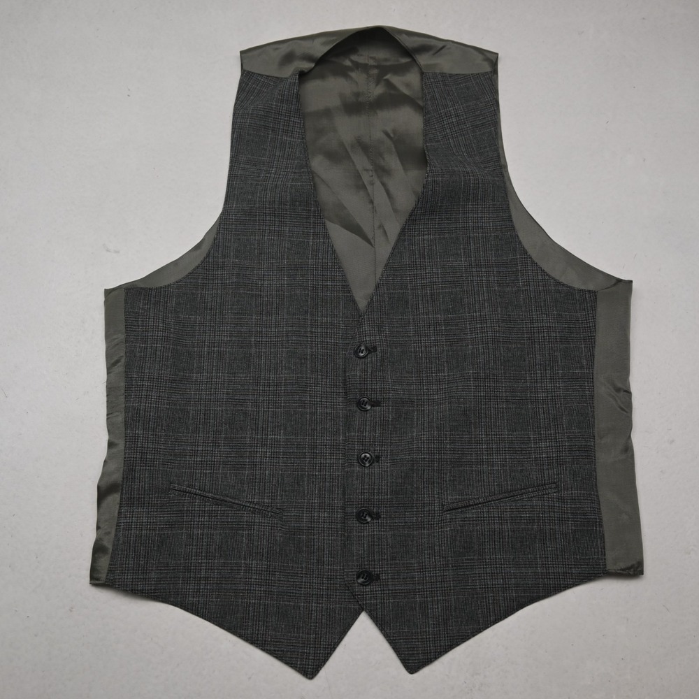 Vtg Mens 70s 80s Medium M Gray Check Button Front Waistcoat Wedding Suit Vest